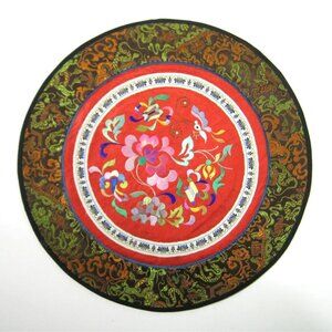 Vintage Asian Chinese Embroidered Silk Art Floral Panel Handmade Textile Round